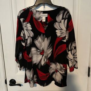 Alfred Dunner Women's Black Top with Red, White, and Gray Floral Design